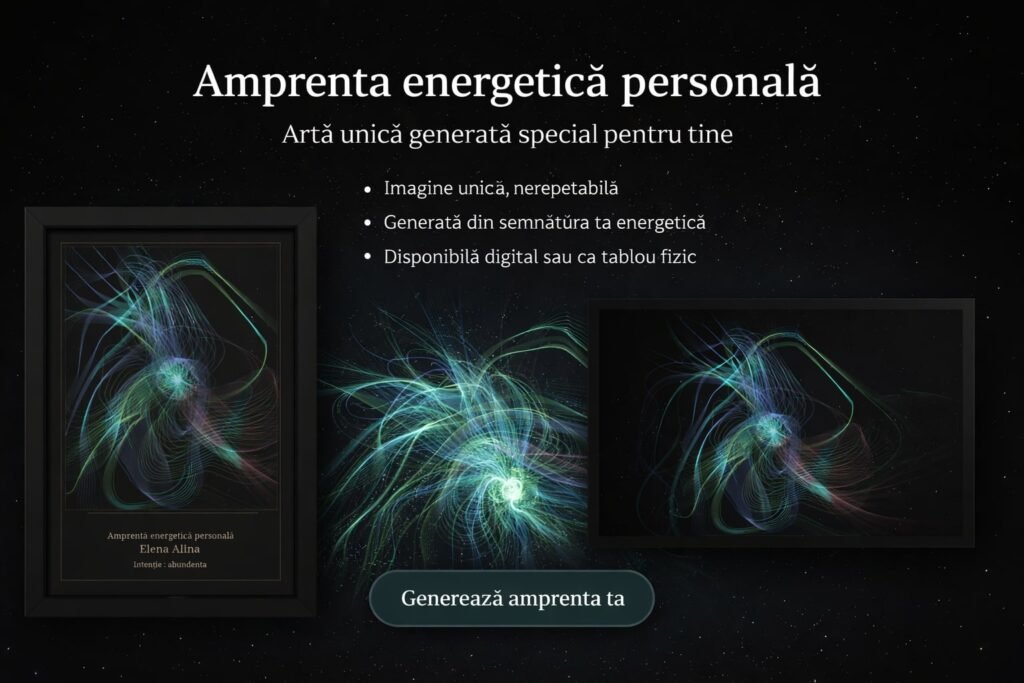 Banner promoțional pentru artă personalizată “ Amprenta energetica personala ” – tablou abstract cu energie unică, disponibil digital sau imprimat, cu design premium pe fundal stelar