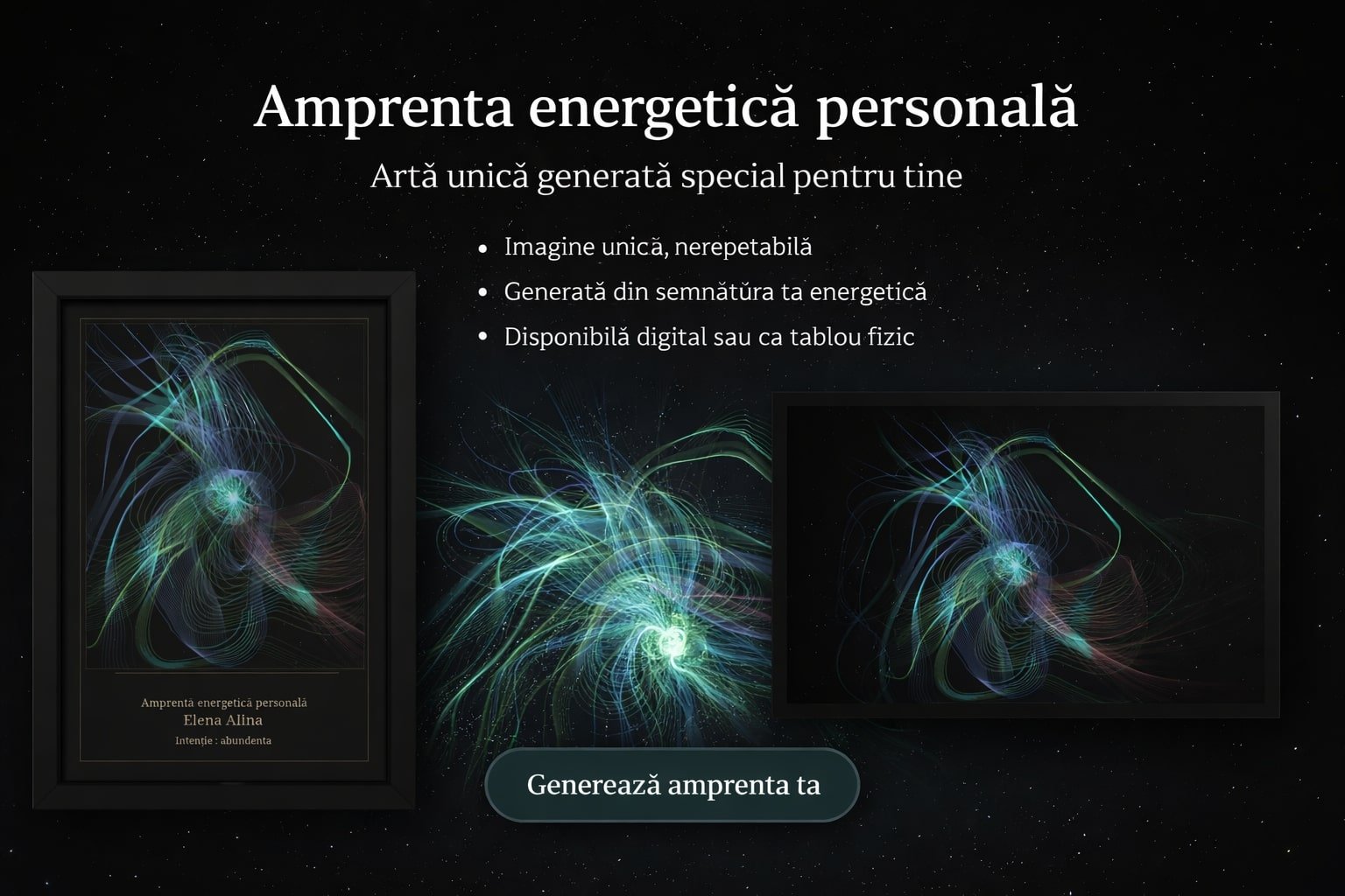 Banner promoțional pentru artă personalizată “ Amprenta energetica personala ” – tablou abstract cu energie unică, disponibil digital sau imprimat, cu design premium pe fundal stelar