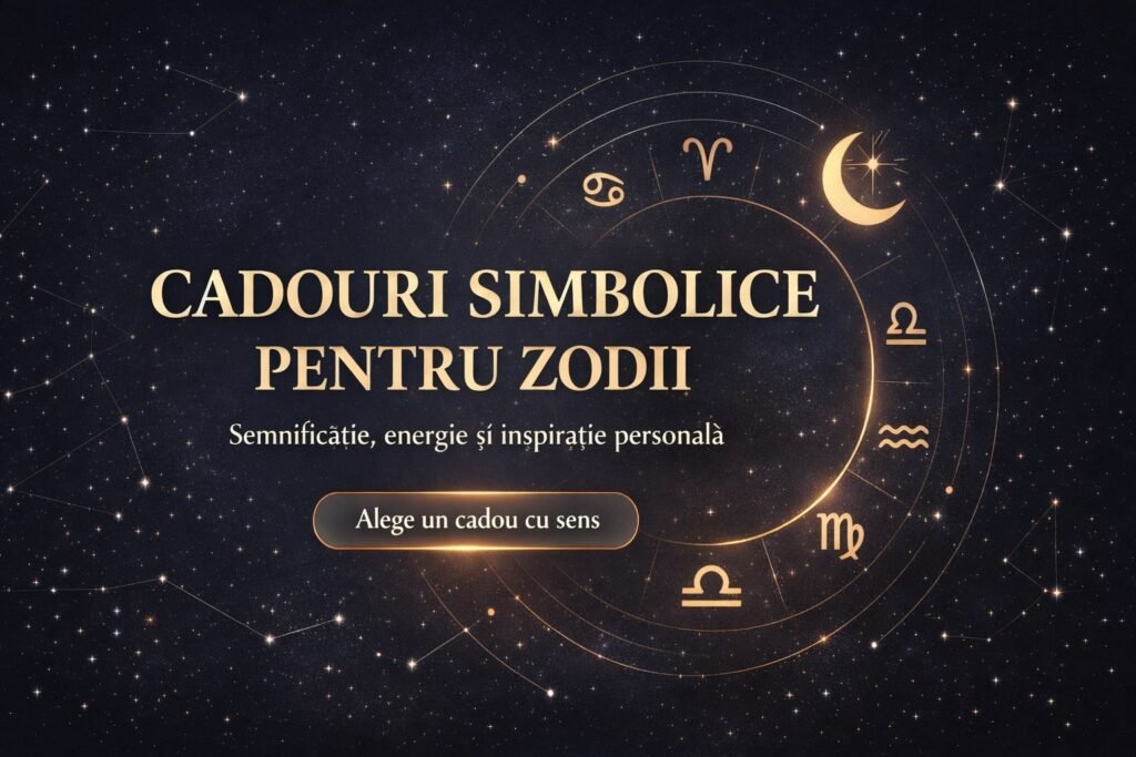 Cadouri simbolice pentru zodii – banner astrologic cu simboluri zodiacale, energie personală și inspirație pentru alegerea unui cadou cu sens