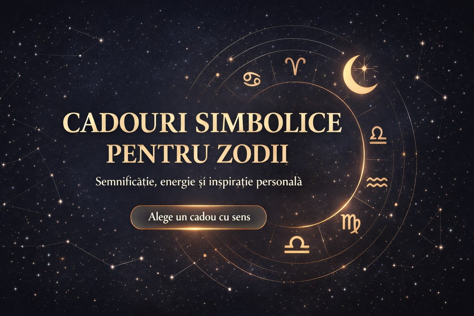 Cadouri simbolice pentru zodii – banner astrologic cu simboluri zodiacale, energie personală și inspirație pentru alegerea unui cadou cu sens