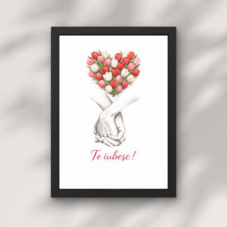 Cadou în formă de inimă cu flori – tablou romantic cu inimă din lalele roz și roșii