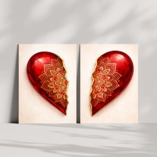 cadou inima sub forma de set tablouri cu mandala rosie pentru cuplu indragostit
