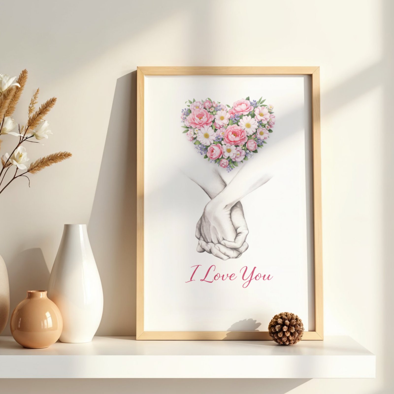 Cadou romantic pentru cuplu – tablou I Love You cu inimă din flori și mesaj elegant
