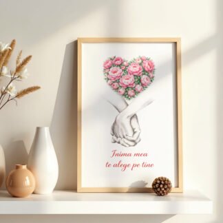 Cadou romantic cu inimă din bujori, tablou cu mesaj pentru iubit sau iubită