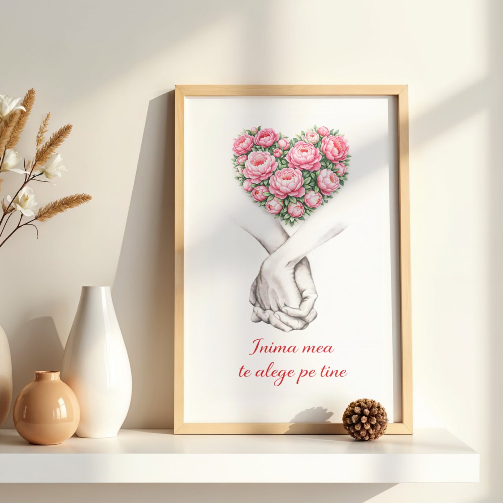 Cadou romantic cu inimă din bujori, tablou cu mesaj pentru iubit sau iubită