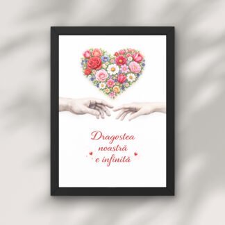 Cadou romantic pentru cuplu cu inima din flori si doua maini care se apropie