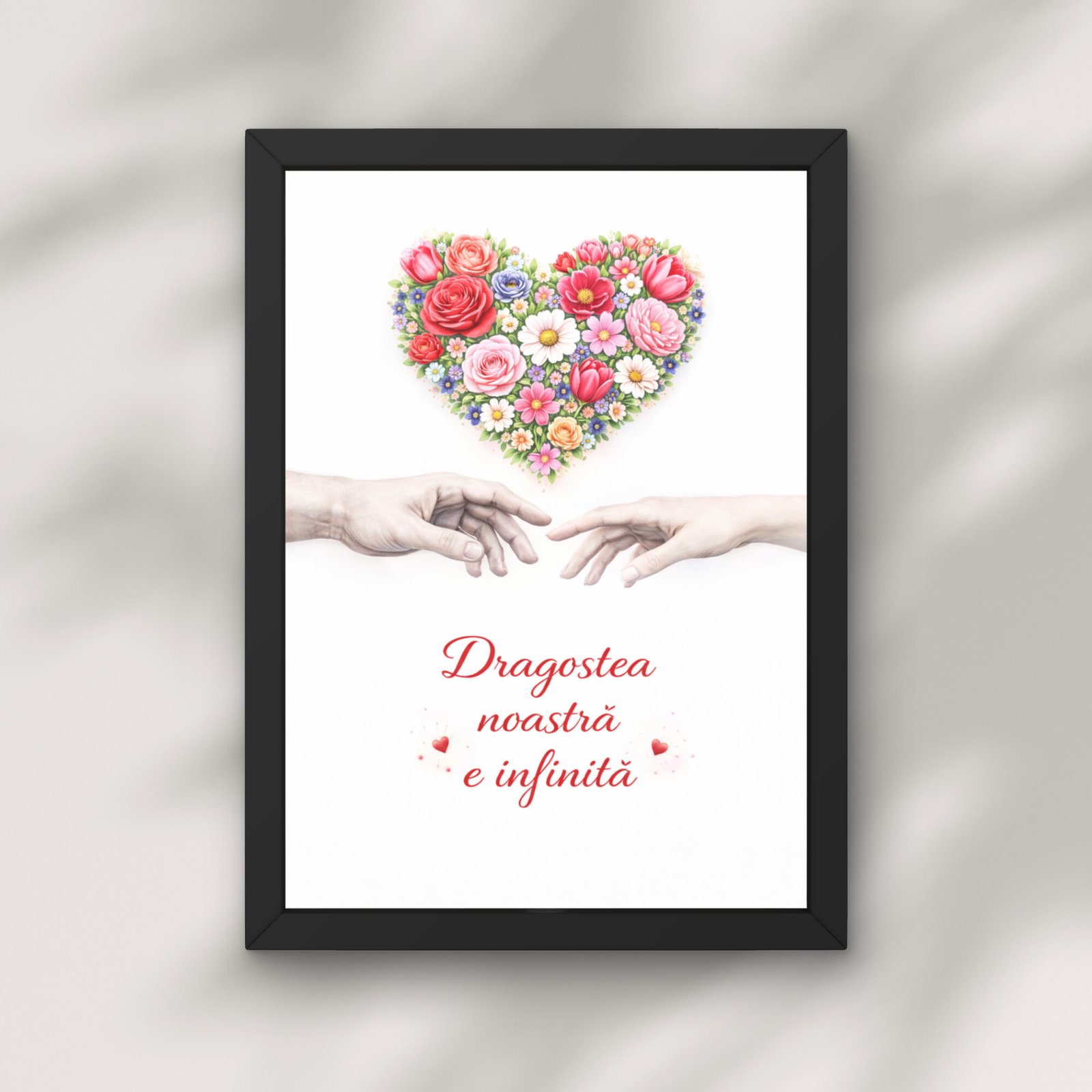 Cadou romantic pentru cuplu cu inima din flori si doua maini care se apropie