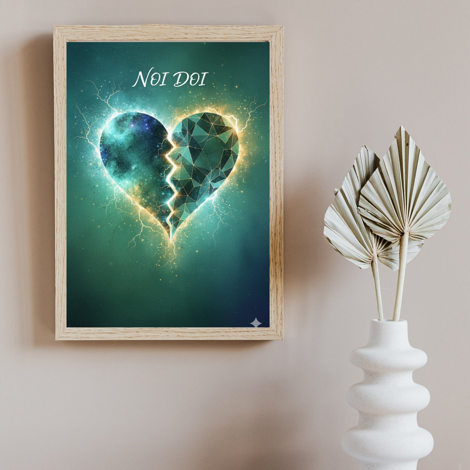 cadou simbolic pentru cuplu tablou artistic cu inimă divizată și mesaj Noi doi