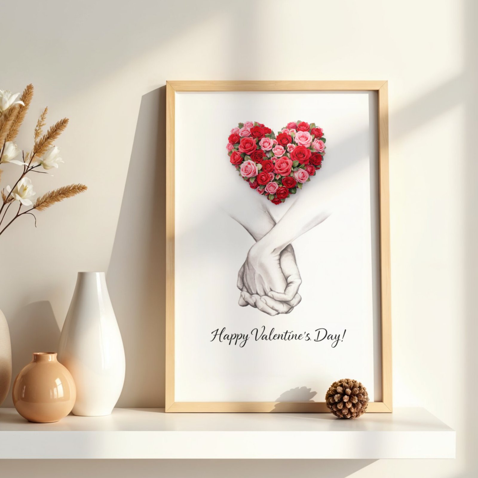 Cadou Valentine’s Day pentru cuplu – tablou cu inimă din flori și mesaj „Happy Valentine’s Day”