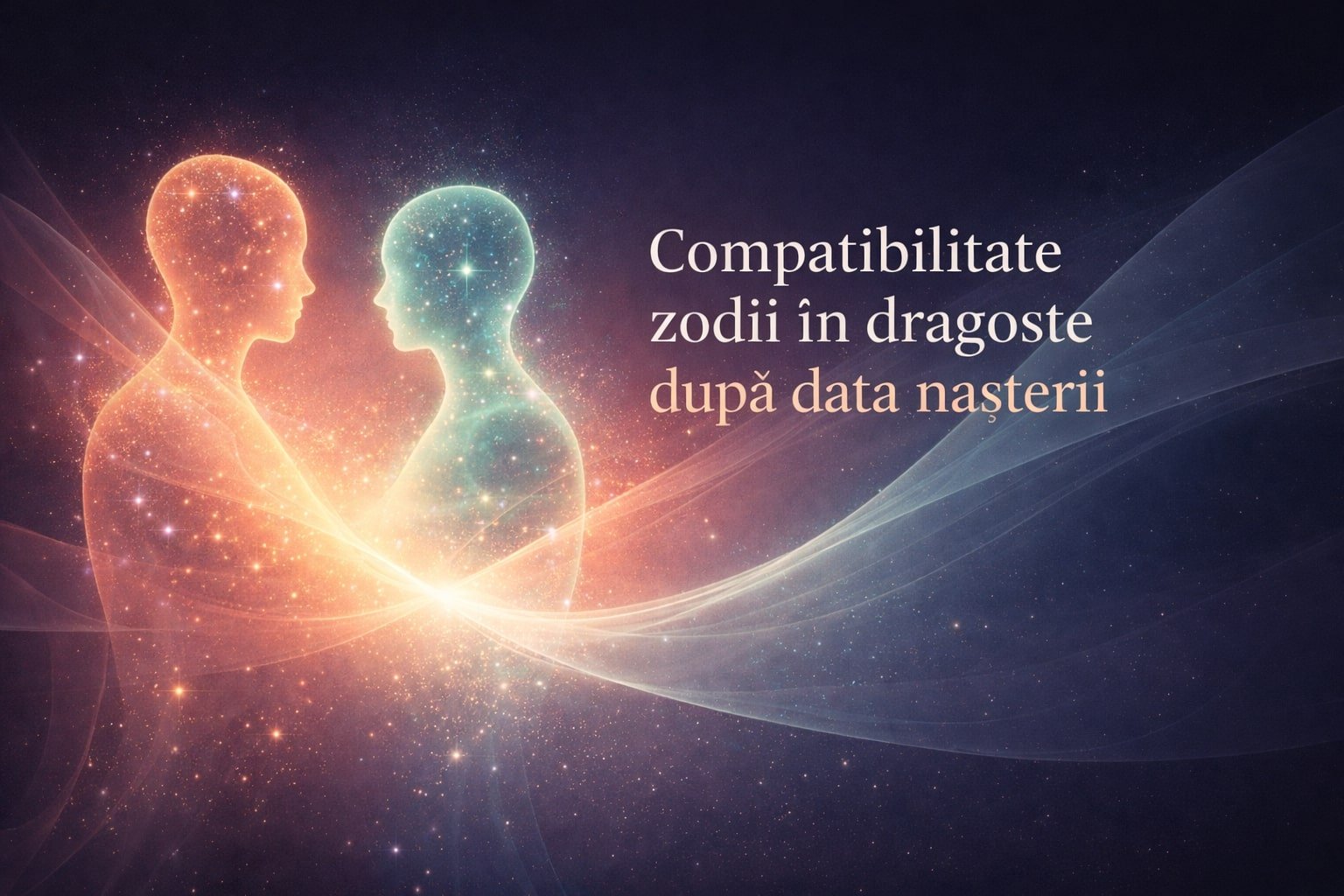 Banner romantic abstract cu două siluete luminoase fosforescente, una în nuanțe calde de portocaliu și cealaltă în verde-albăstrui, înconjurate de particule strălucitoare și valuri translucide, cu textul „Compatibilitate zodii în dragoste după data nașterii”.