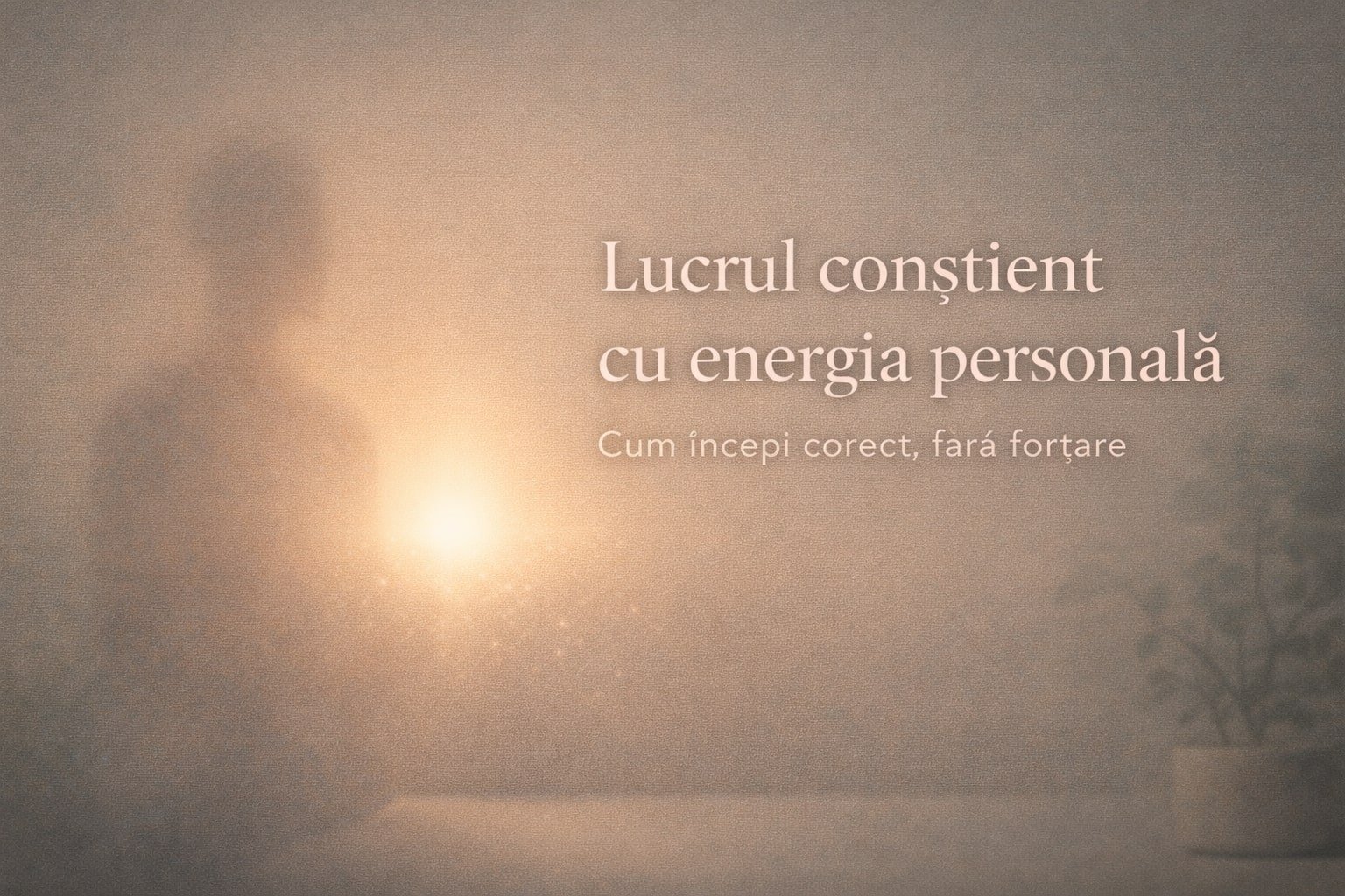 Banner editorial calm cu o siluetă umană difuză într-un fundal în tonuri calde de pământ, luminată din interior de o sursă blândă de lumină, însoțită de textul „Lucrul conștient cu energia personală – Cum începi corect, fără forțare”.