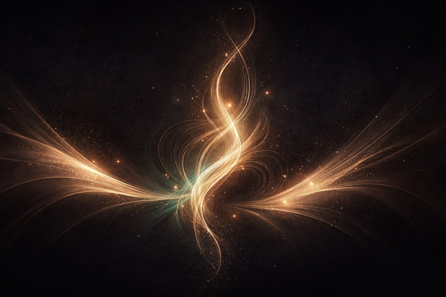 Formă energetică abstractă strălucind pe un fundal cosmic negru, cu unde de lumină aurie și accente de violet și teal