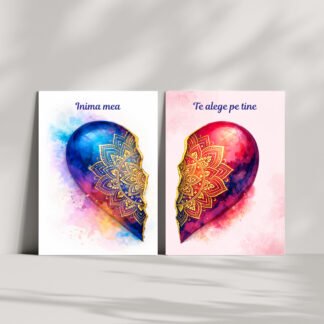 Set 2 tablouri indragostiti cu doua jumatati de inima si mesaje complementare