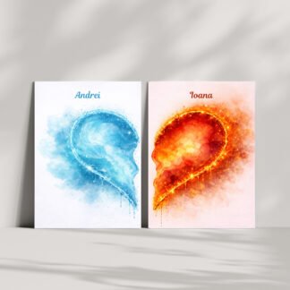 Set 2 tablouri personalizate pentru cuplu cu simbolul inimii, apei si focului
