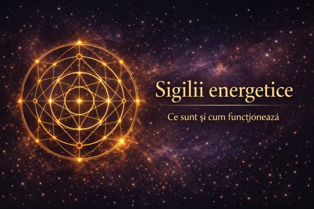 Sigilii energetice abstracte realizate din geometrie sacră, linii aurii simetrice pe fundal cosmic elegant