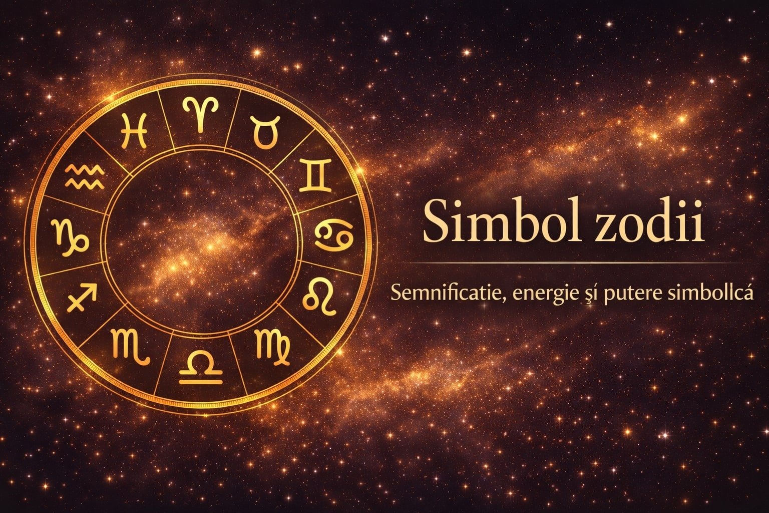 Simbol zodii într-un cerc zodiacal auriu cu cele 12 simboluri astrologice standard, pe fundal cosmic elegant