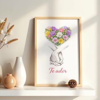 Tablou cu inima din flori mixte in rama din lemn natur, decor elegant pentru living sau dormitor