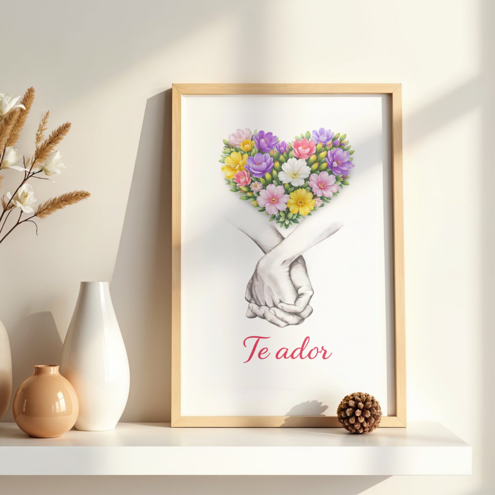 Tablou cu inima din flori mixte in rama din lemn natur, decor elegant pentru living sau dormitor