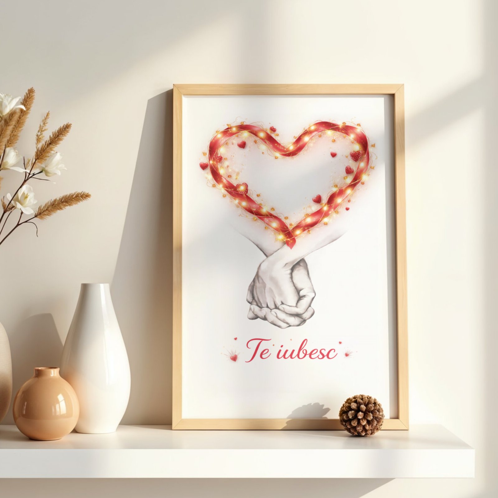 Tablou cu inima din lumina in rama din lemn natur, cadou romantic cu mesaj te iubesc