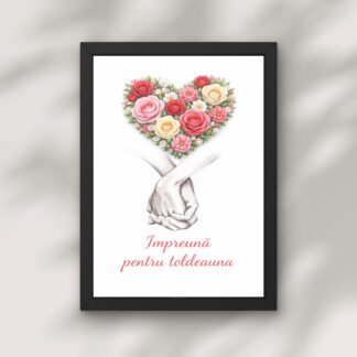 Tablou cu inima din trandafiri rosii roz si crem, aranjament floral in forma de inima cu mesaj romantic