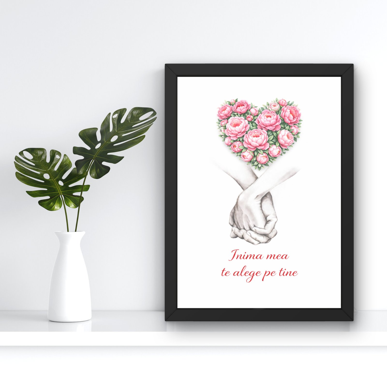 Tablou decorativ cu inimă din bujori, mesaj romantic și design elegant pentru cuplu