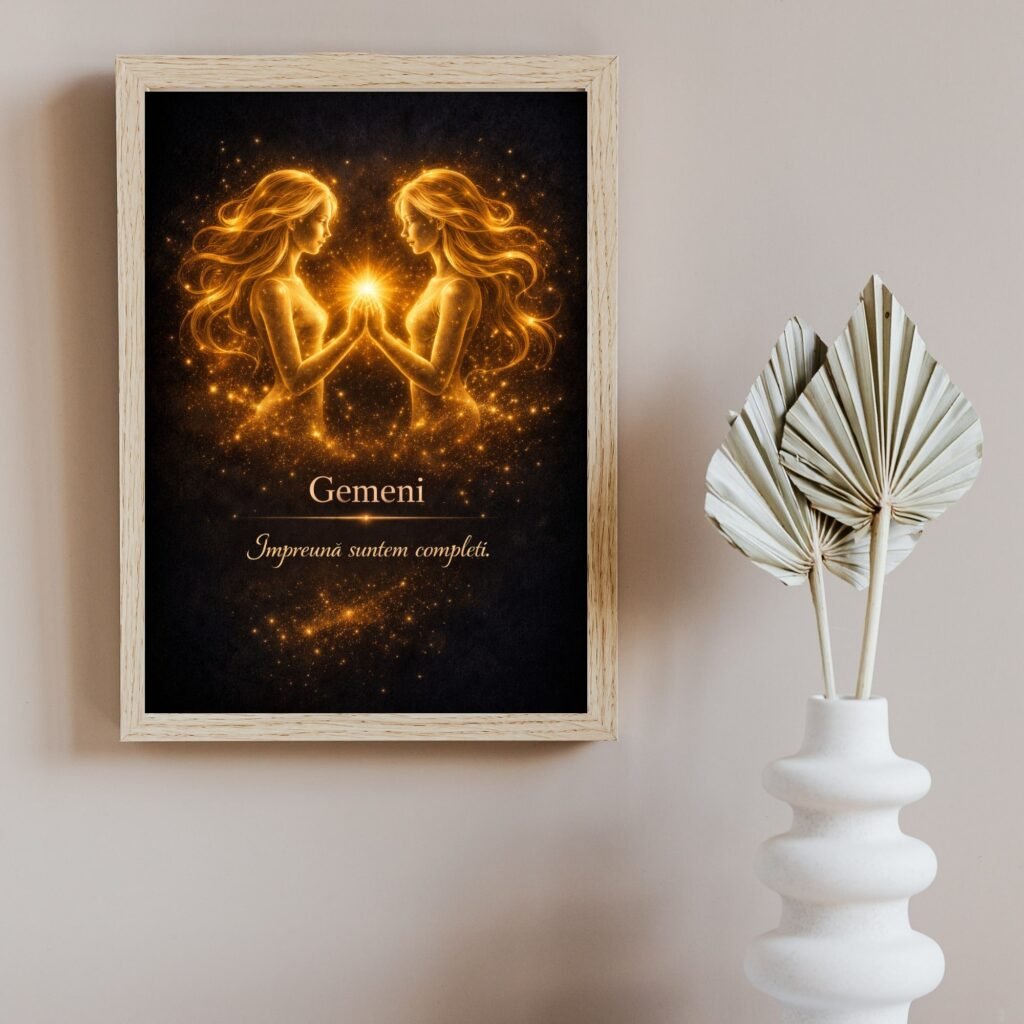tablou gemeni cadou spiritual cu simbolul gemenilor si afirmatie pozitiva