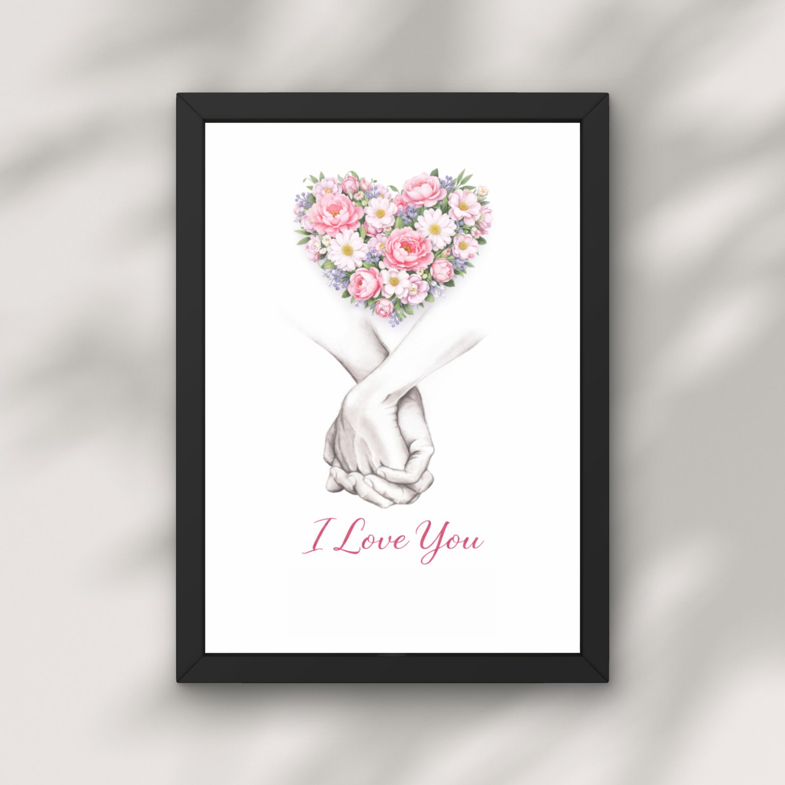 Tablou I Love You cu inimă florală și mâini unite, cadou romantic cu mesaj de iubire, ramă neagră