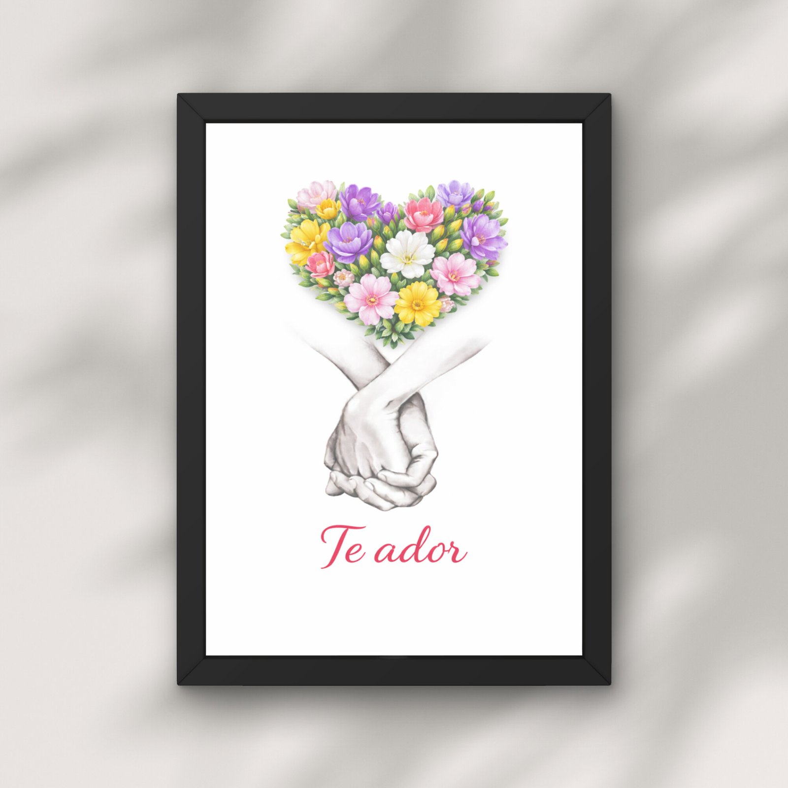 Tablou cu inima din flori mixte colorate si gest simbolic al mainilor unite, decor romantic cu semnificatie emotionala