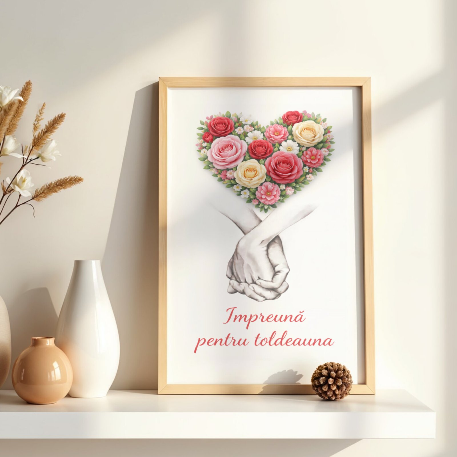 Tablou cu inima din trandafiri in rama din lemn natur, decor romantic pentru living sau dormitor