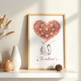 Tablou cu inima mandala in rama din lemn natur, decor simbolic pentru dormitor sau living