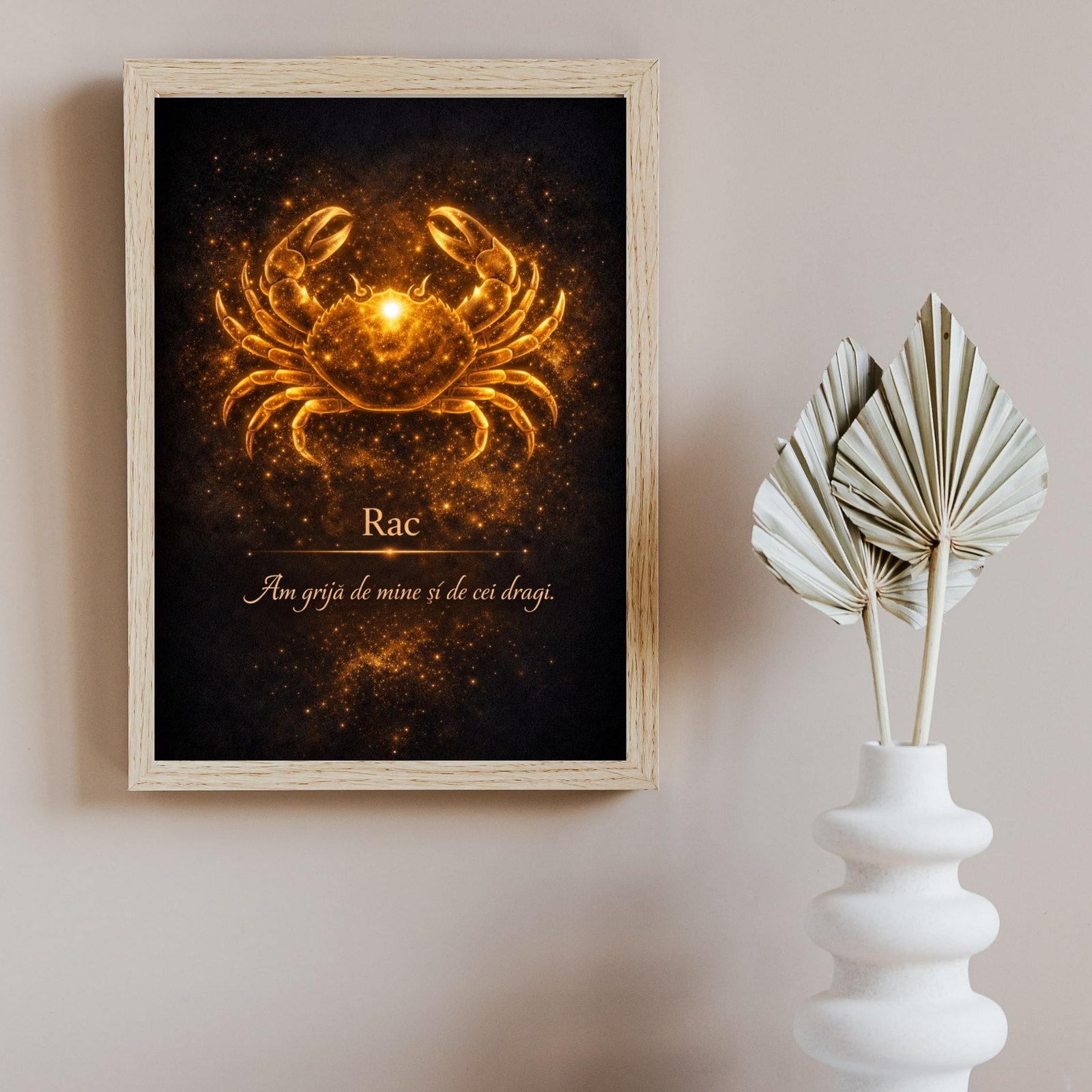 Cadou simbolic Rac cu ramă din lemn – tablou zodiacal pentru emoție și protecție