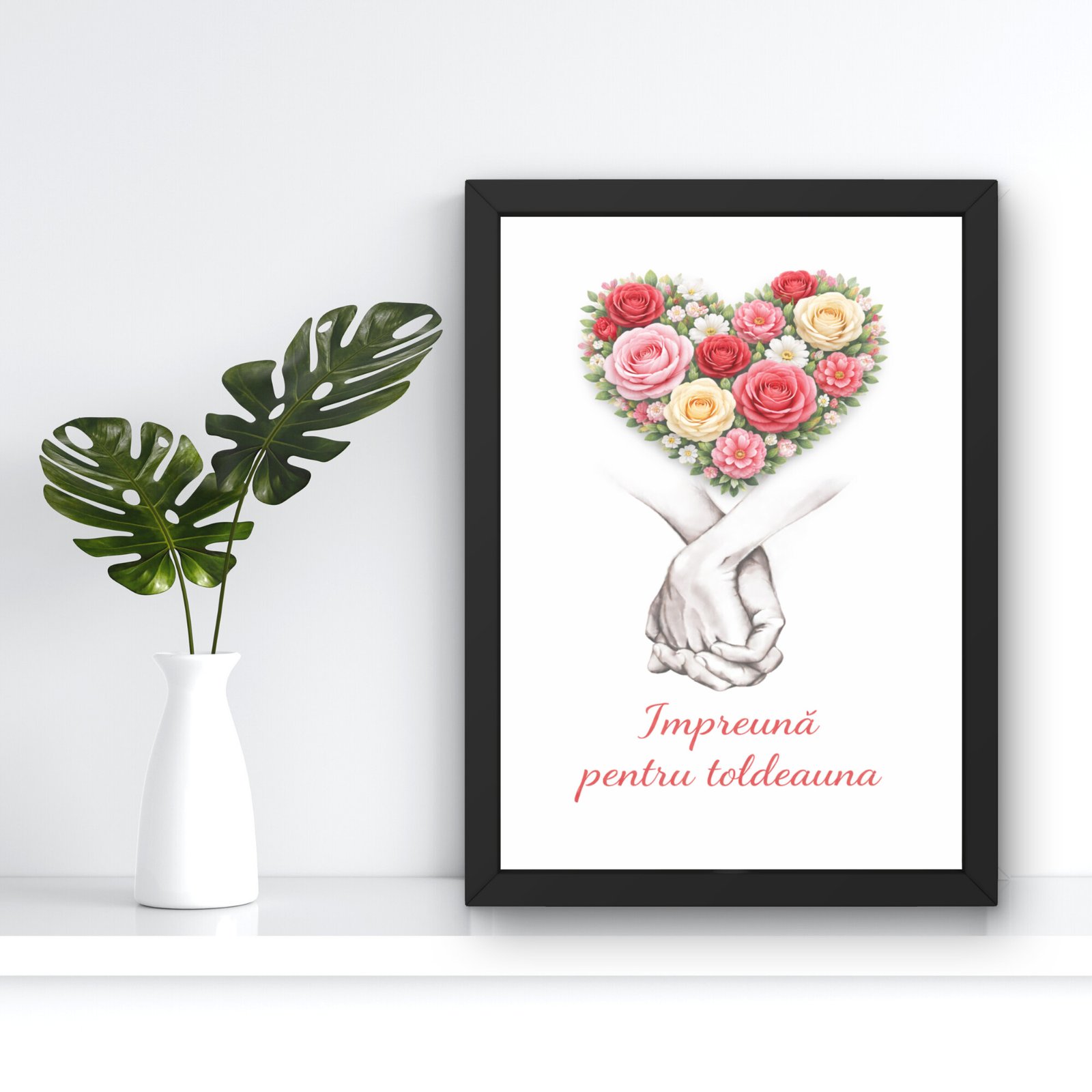 Tablou romantic cu inima din trandafiri si rama neagra, cadou simbolic pentru cupluri