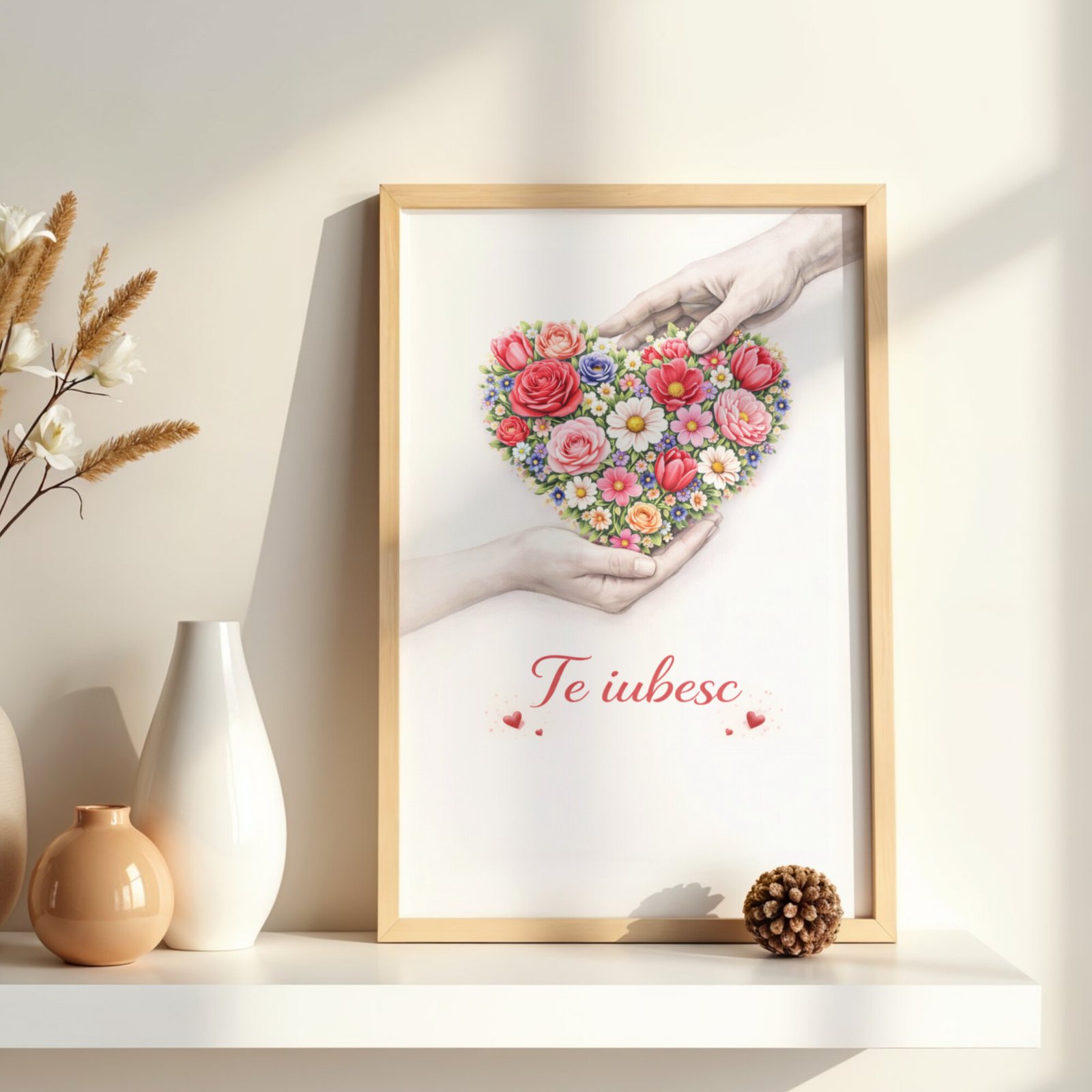 Tablou cu inima din flori si mesaj Te iubesc in rama din lemn natur