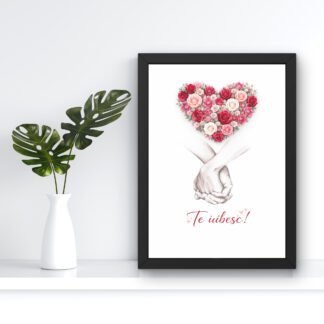 Tablou „Te iubesc” – cadou simbolic de iubire, inimă florală și mâini unite, decor minimalist