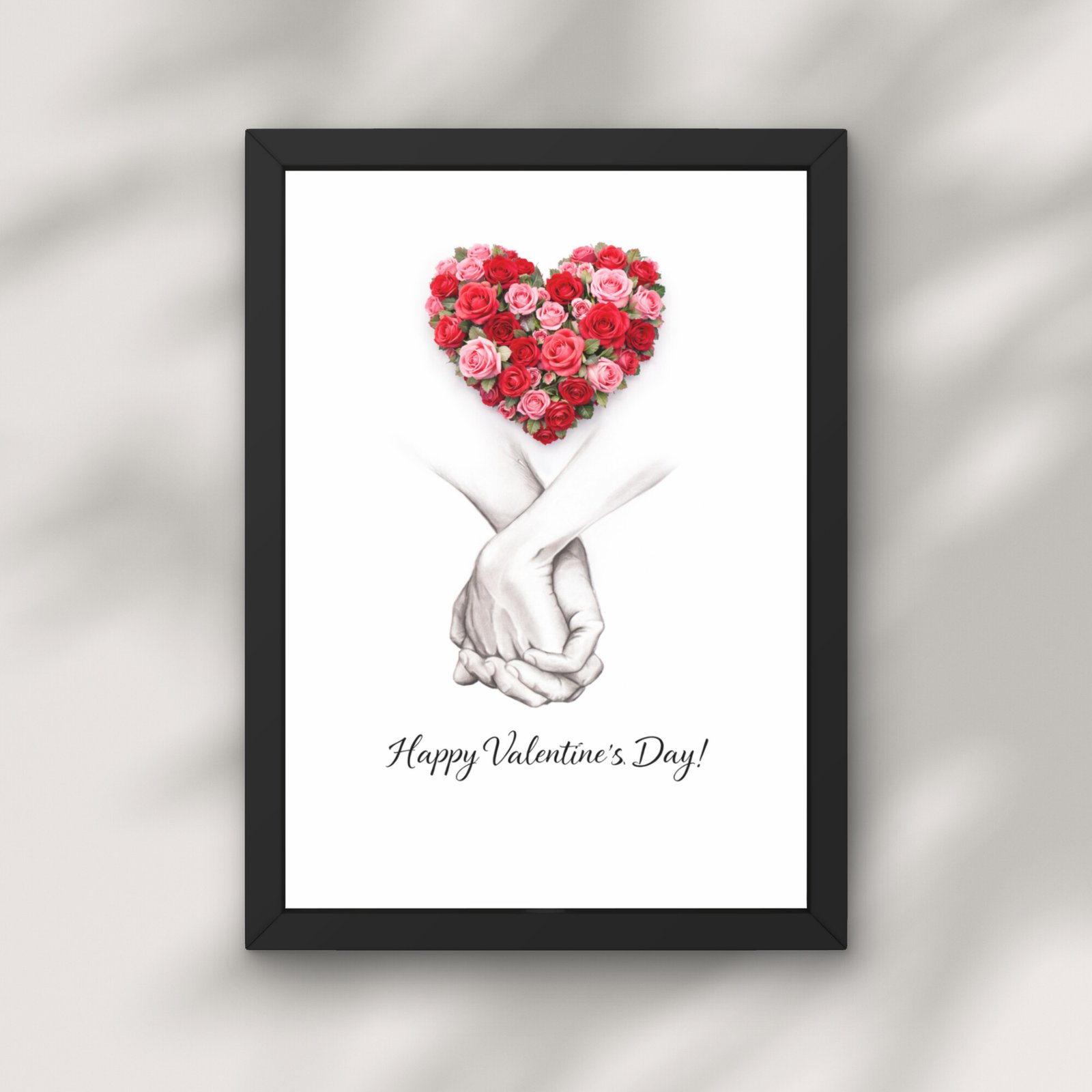 Tablou Valentine’s Day cu inimă florală și mâini unite, mesaj „Happy Valentine’s Day”, ramă neagră