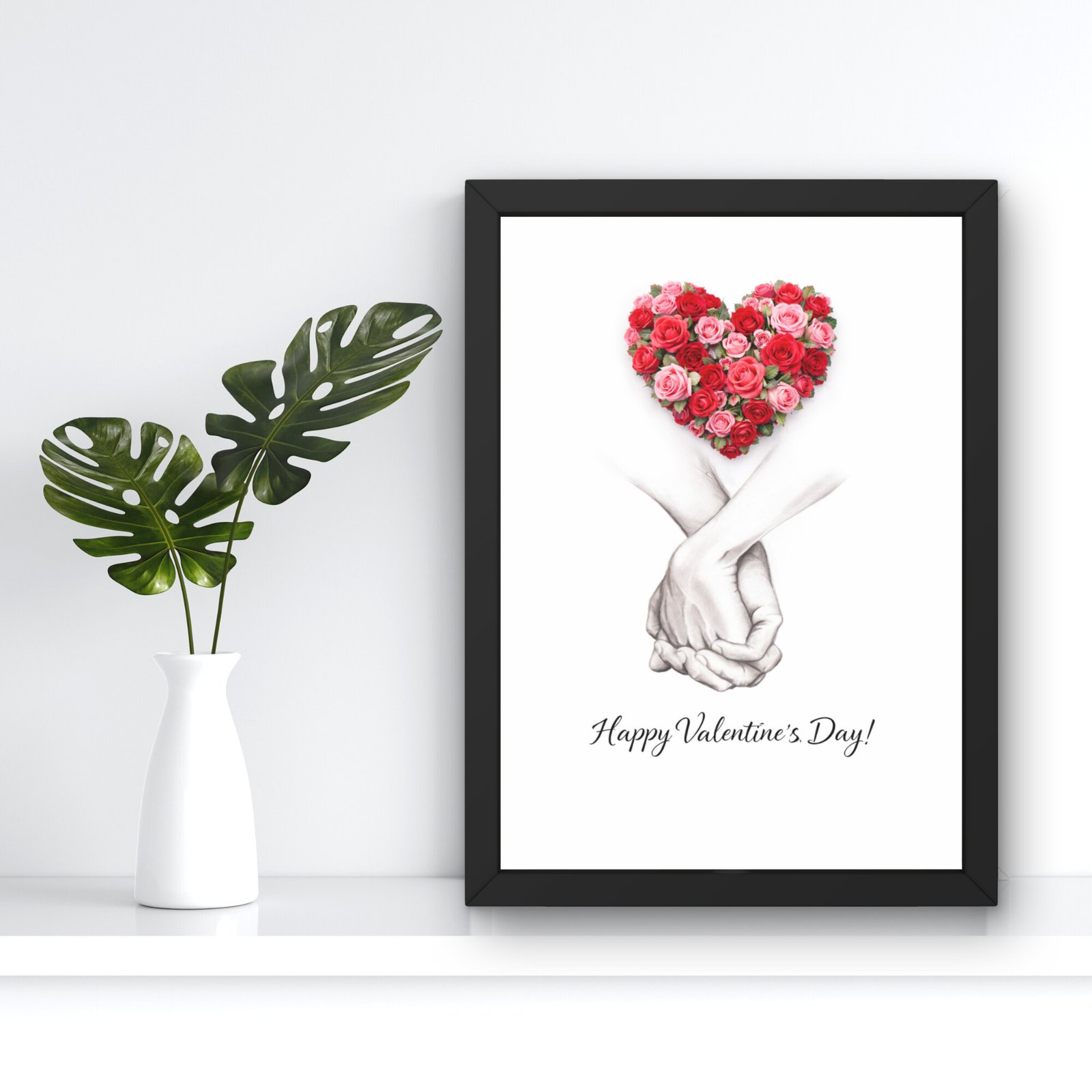 Tablou Valentine’s Day cu mesaj de dragoste, inimă florală și mâini împletite, decor minimalist