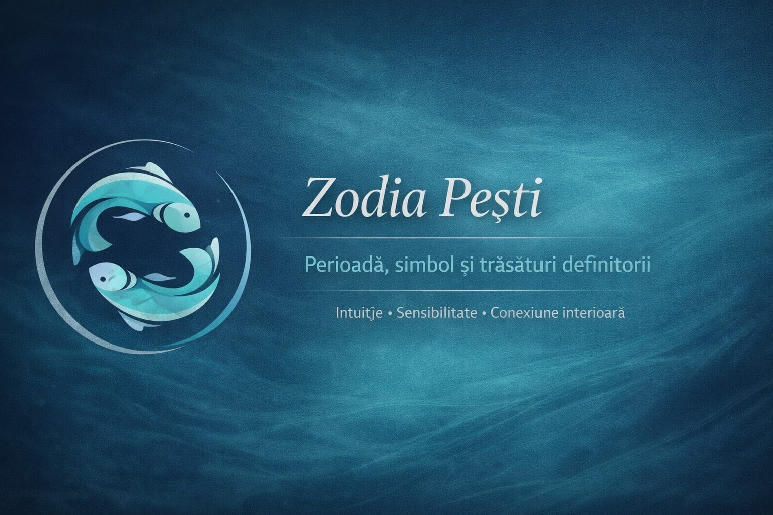 Zodia Pești – banner astrologic cu simbolul Peștilor, perioada zodiacală și trăsături definitorii, într-un stil delicat și armonios