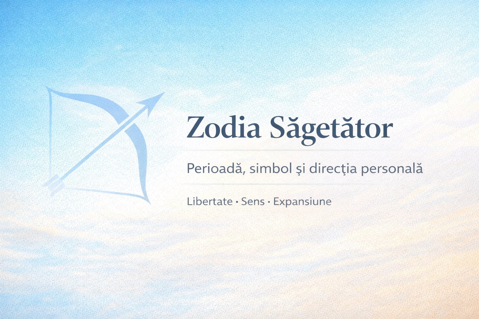 Zodia Săgetător – banner astrologic cu simbolul arcului și săgeții, atmosferă deschisă și accent pe direcție, libertate și expansiune