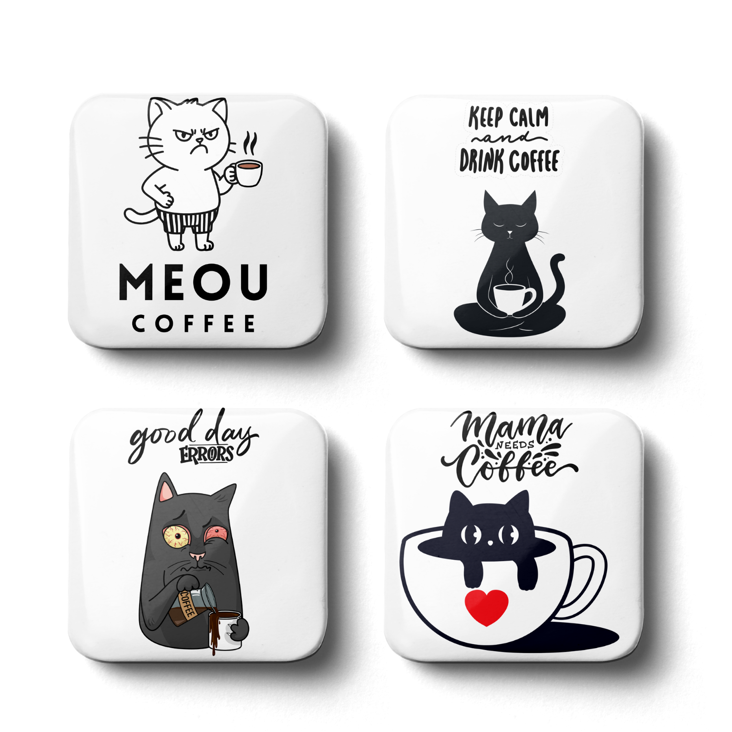 insigne patrate cu pisici si mesaje amuzante despre cafea