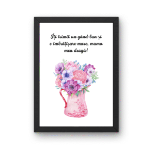 Tablou la multi ani mama din departare cu mesaj despre gand bun si imbratisare si buchet floral pastel delicat