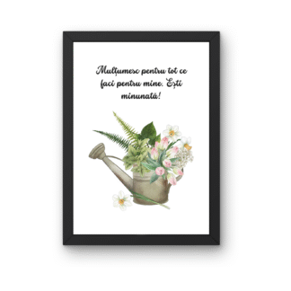 Tablou cu mesaj pentru mama mea si text de multumire, ilustratie cu stropitoare si flori delicate simbol al recunostintei