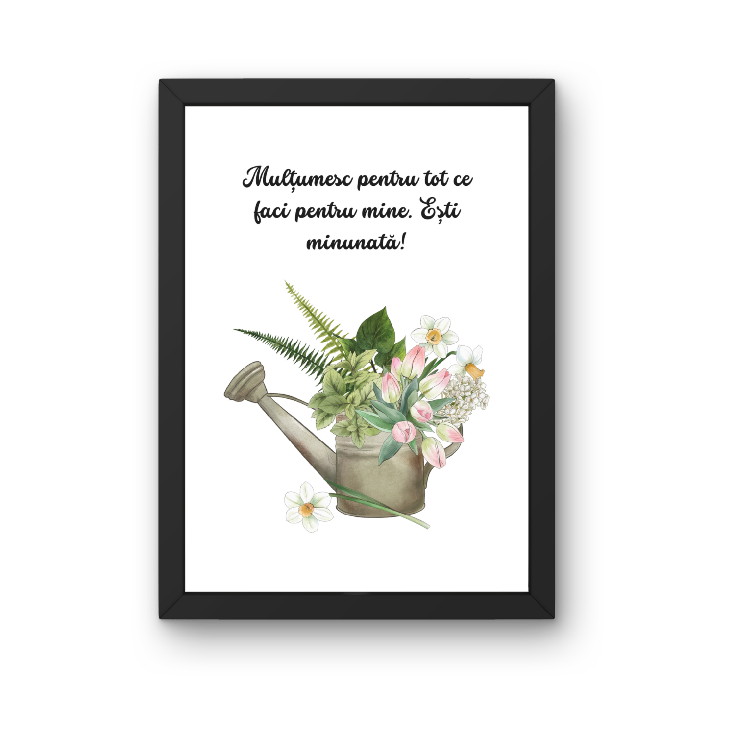 Tablou cu mesaj pentru mama mea si text de multumire, ilustratie cu stropitoare si flori delicate simbol al recunostintei