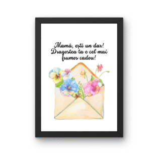 Tablou cu scrisoare de la multi ani pentru mama si plic deschis cu flori delicate