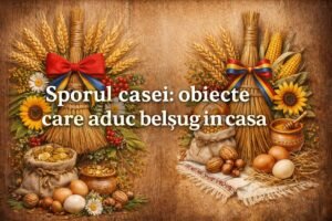 Sporul casei obiecte care aduc belsug in casa, banner cu matura decorativa, spice de grau, miere, monede, flori si simboluri traditionale romanesti