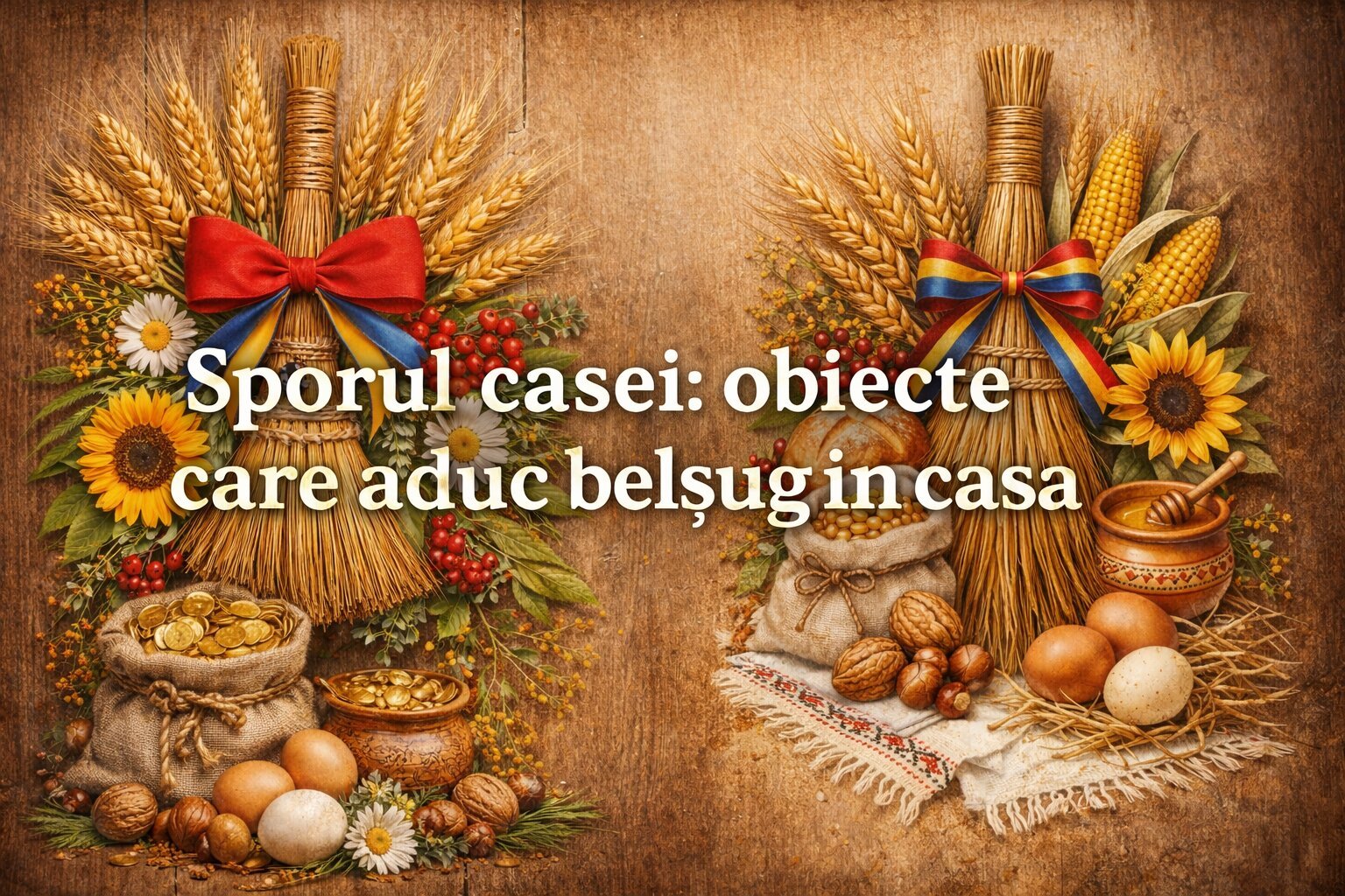 Sporul casei obiecte care aduc belsug in casa, banner cu matura decorativa, spice de grau, miere, monede, flori si simboluri traditionale romanesti