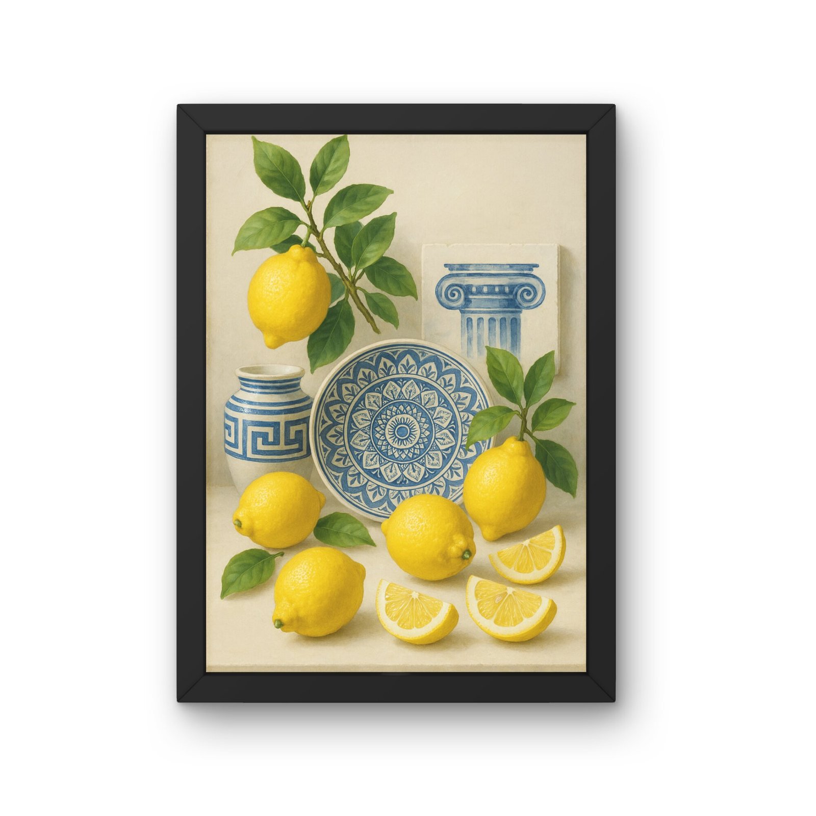 tablou cu lamai pentru bucatarie, cu ceramica albastra, farfurie decorativa si frunze verzi, imprimat pe foaie mata in rama neagra