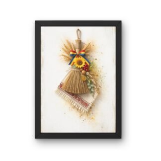 tablou cu matura pentru sporul casei, cu stergar traditional, spice de grau si floarea-soarelui, imprimat pe foaie mata in rama neagra