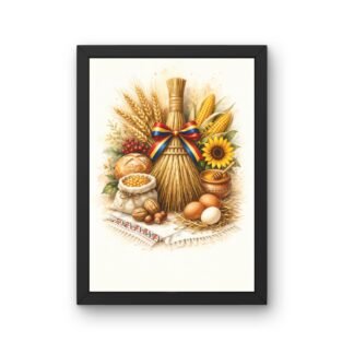 tablou cu simboluri de belsug pentru casa, cu matura, grau, porumb, paine, miere, oua si floarea-soarelui, imprimat pe foaie mata in rama neagra