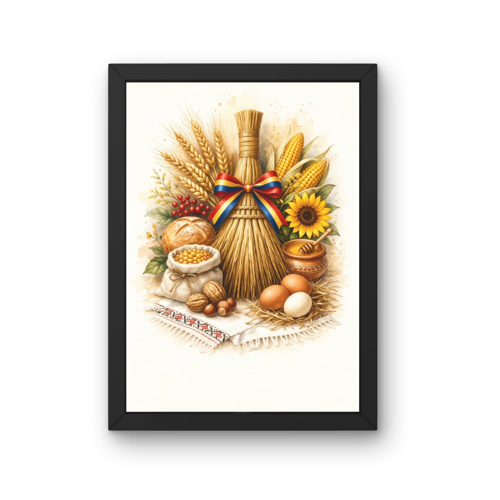tablou cu simboluri de belsug pentru casa, cu matura, grau, porumb, paine, miere, oua si floarea-soarelui, imprimat pe foaie mata in rama neagra