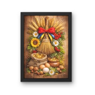 tablou cu sporul casei cu matura, spice de grau, monede si oua, imprimat pe foaie mata in rama neagra